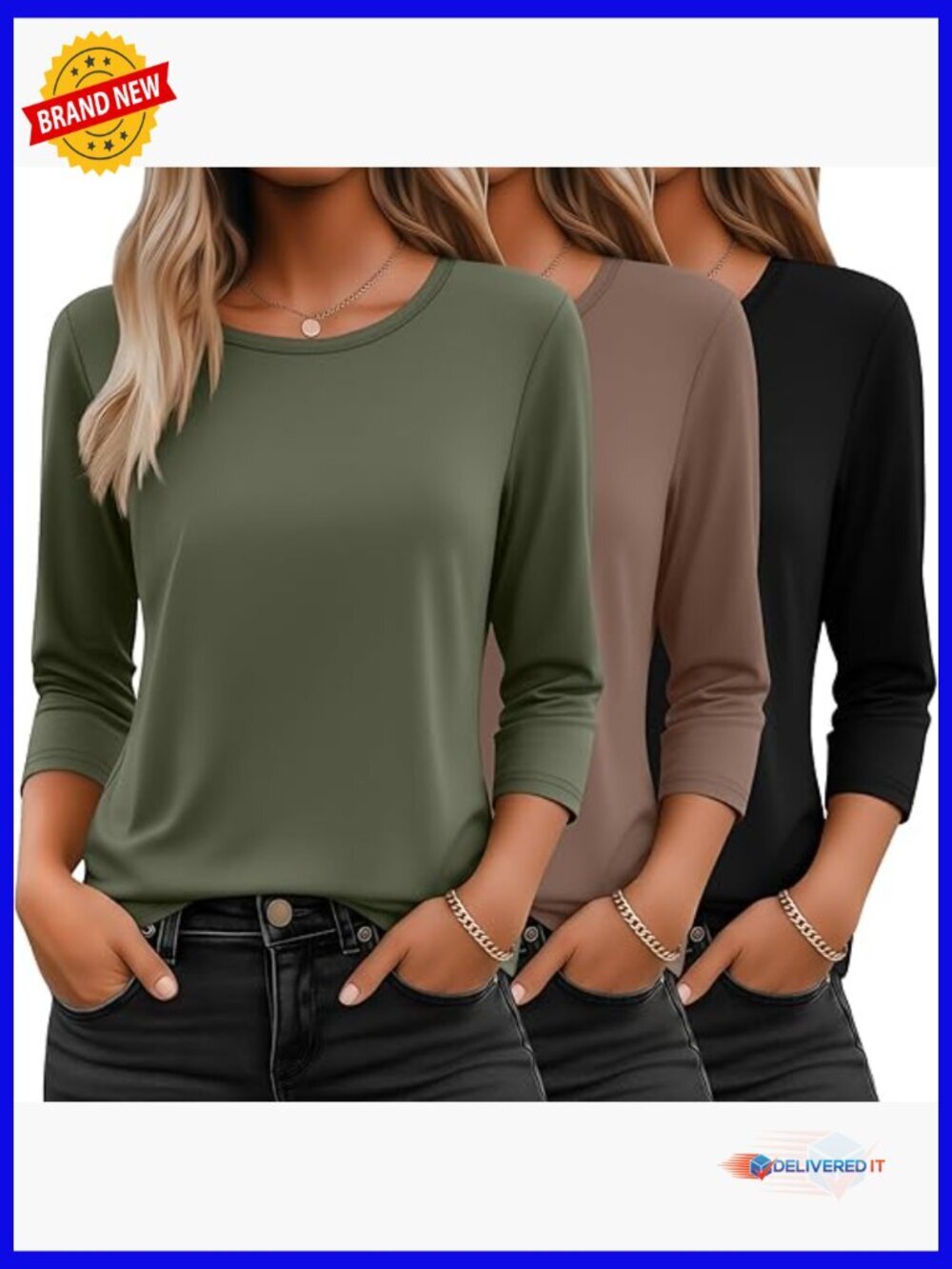 3/4 Sleeve Tops for Women Round Neck Loose Fit Tees 3 Pack